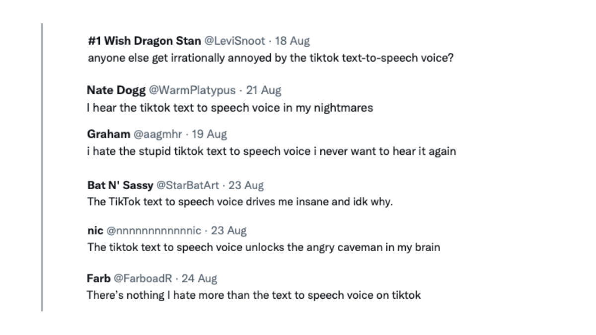 Screenshots of Tweets about TikTok's text-to-speech voices. For example: "Anyone else get irrationally annoyed by the TikTok text-to-speech voice?"