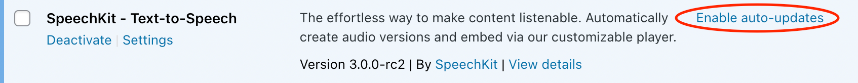 Head to 'Installed plugins' and select 'Enable auto-updates' on the SpeechKit plugin