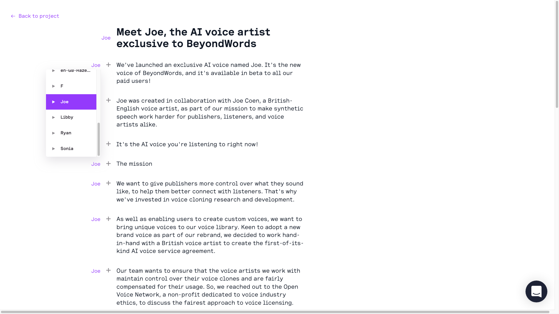 A screenshot showing the user select the 'Joe' voice in the BeyondWords Text-to-Speech Editor
