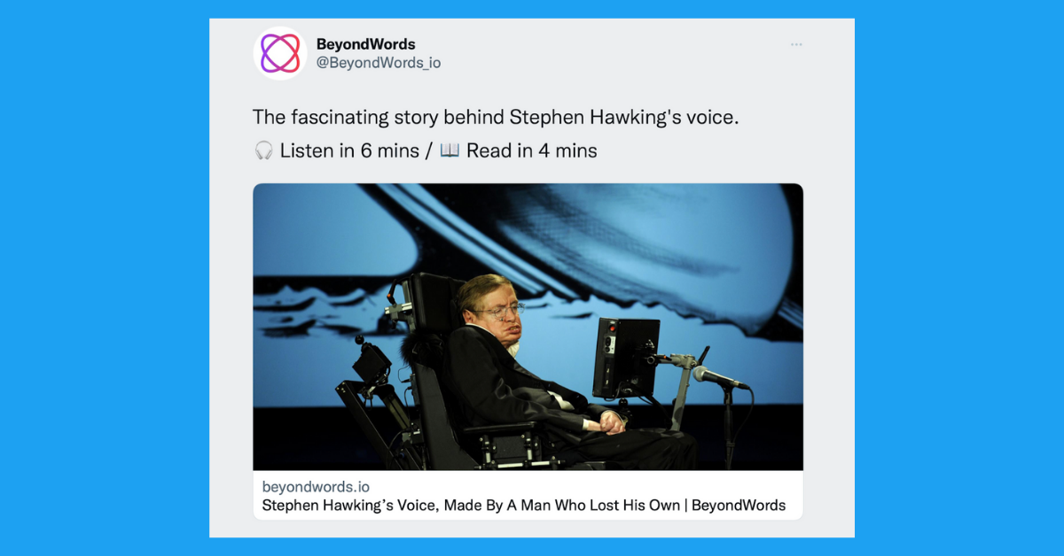 BeyondWords tweet featuring listening and reading time estimates