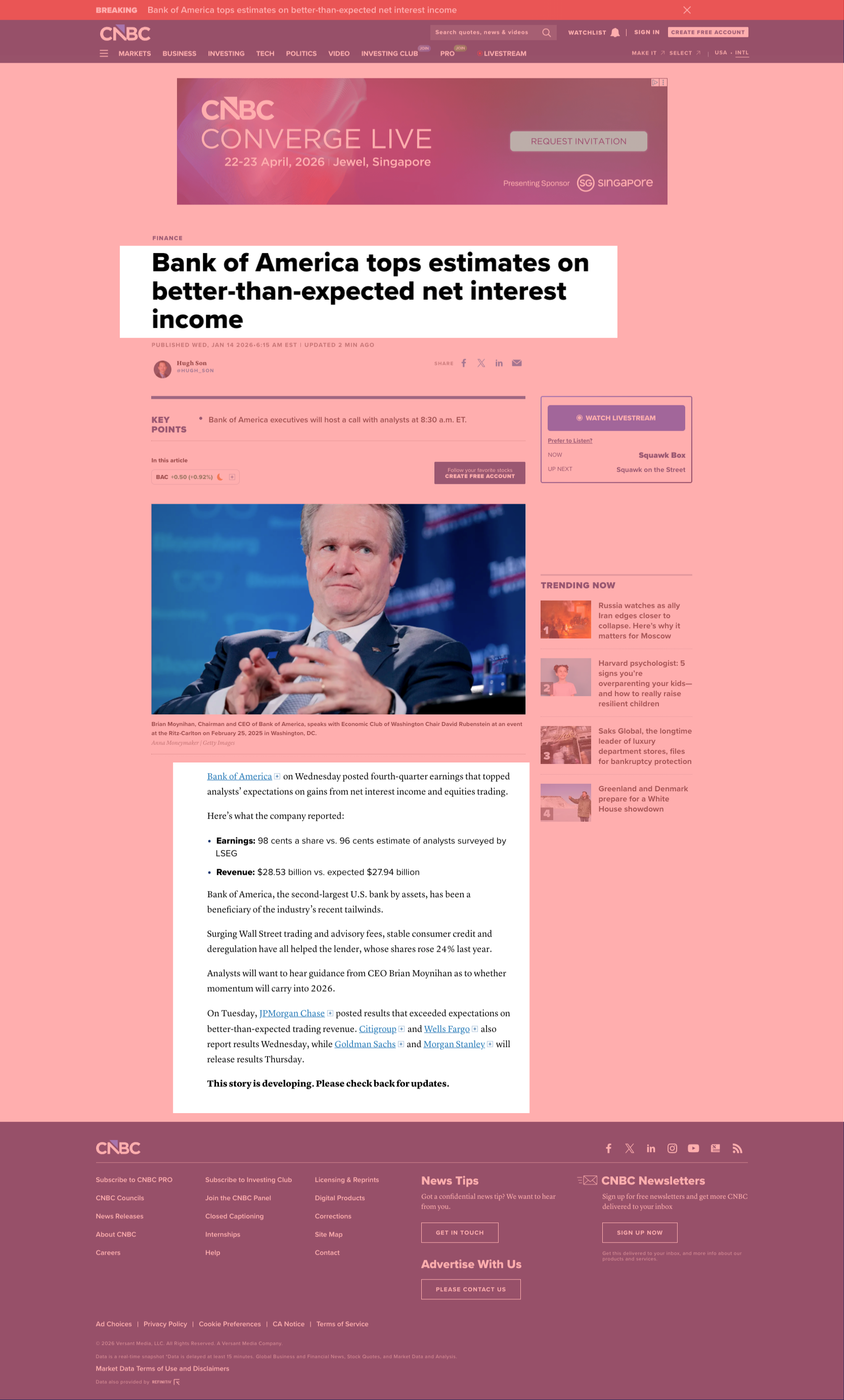 A CNBC article webpage. The headline, featured image, and main article text are highlighted. The header, footer, sidebar, and other elements are shaded in red.