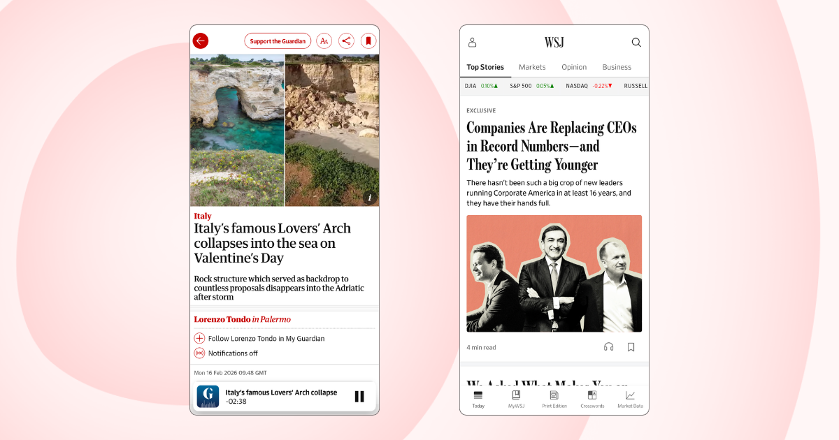 An audio player appears on an article inside the Guardian app. WSJ displays a headphones icon alongside its articles.