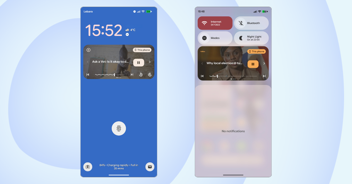 In-app audio appears in the lock screen and control panel.