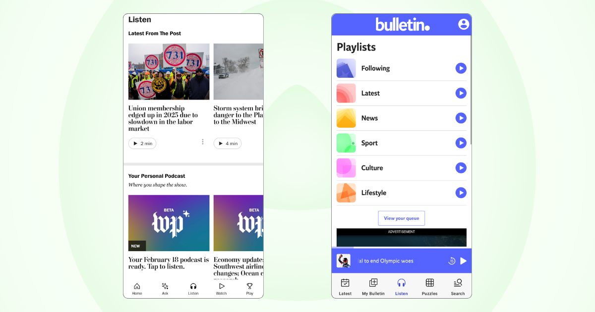 "Listen" tabs on the Washington Post and Bulletin apps.