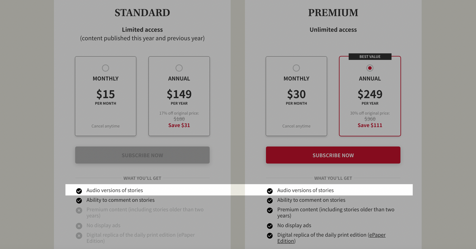 Screenshot of The Japan Times subscription plans, with audio versions as a subscriber perk