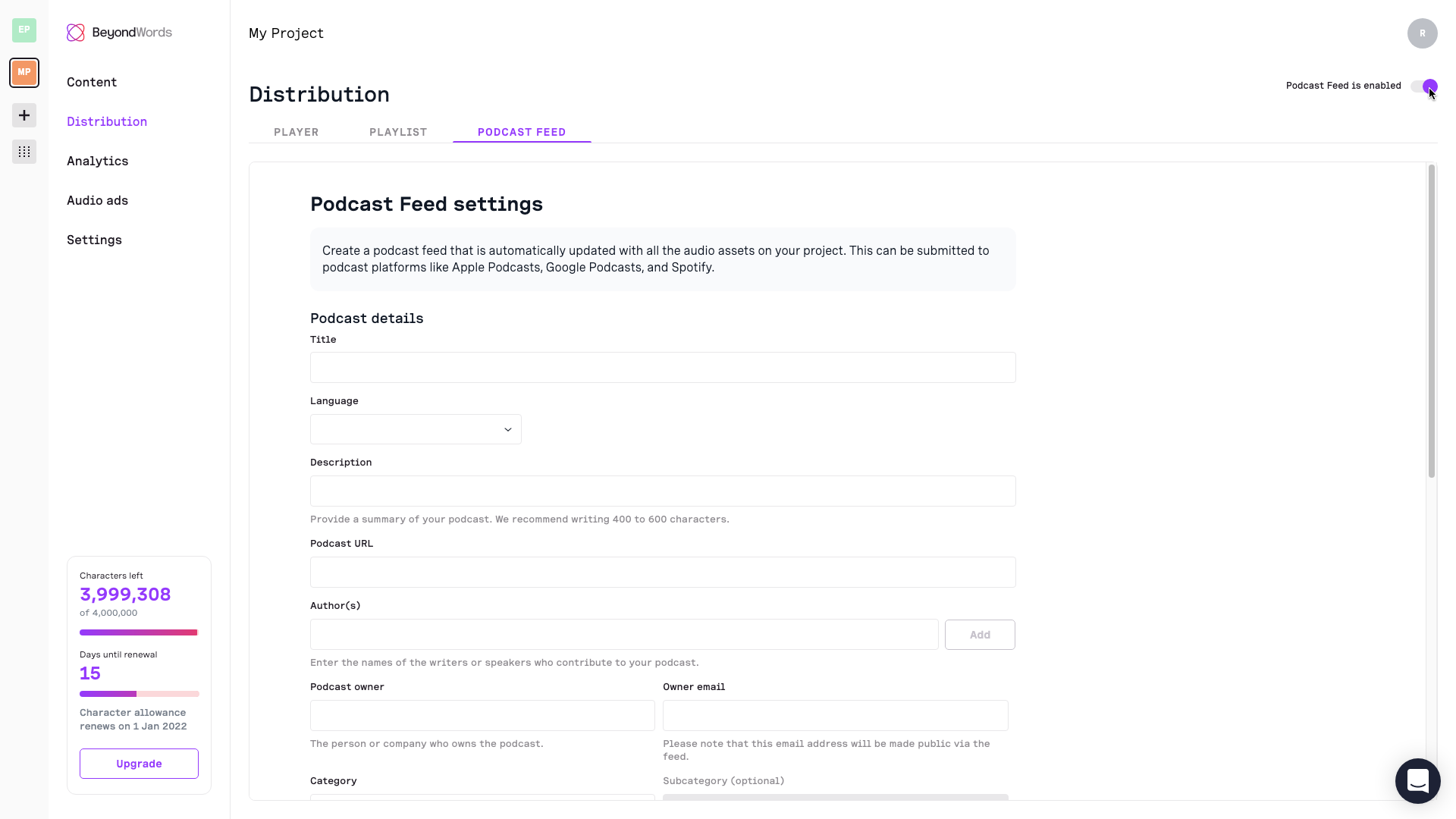 Screenshot of 'Podcast feed settings' in the BeyondWords dashboard