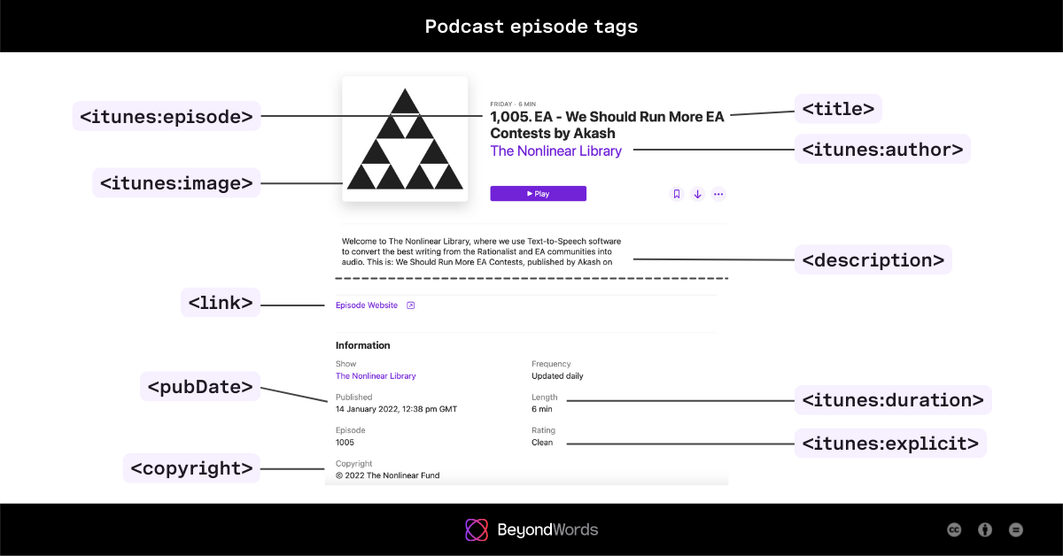 Screenshot of podcast episode with annotated tags