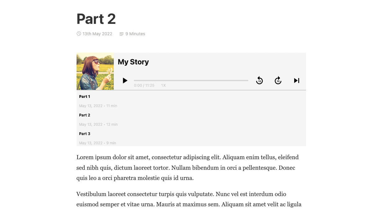 Screenshot of mockup WordPress post with an embedded playlist showing audio parts 1, 2, and 3 under the title 'My Story'
