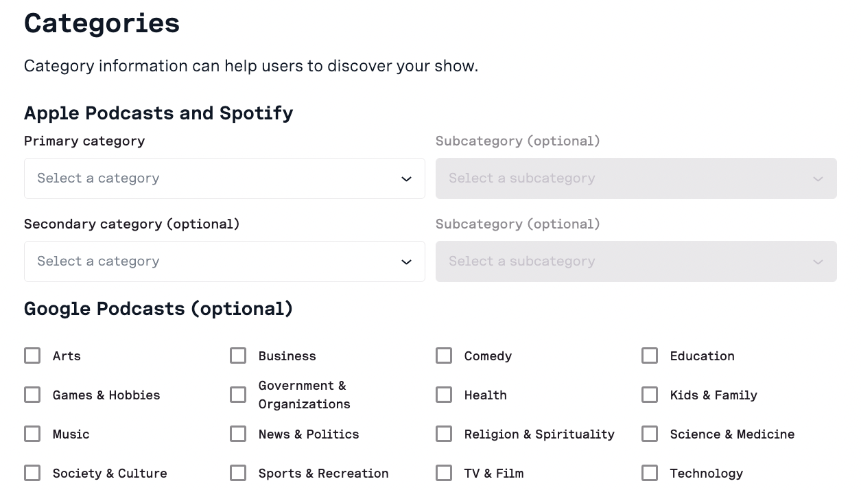 Screenshot of the podcast category selection screen in BeyondWords
