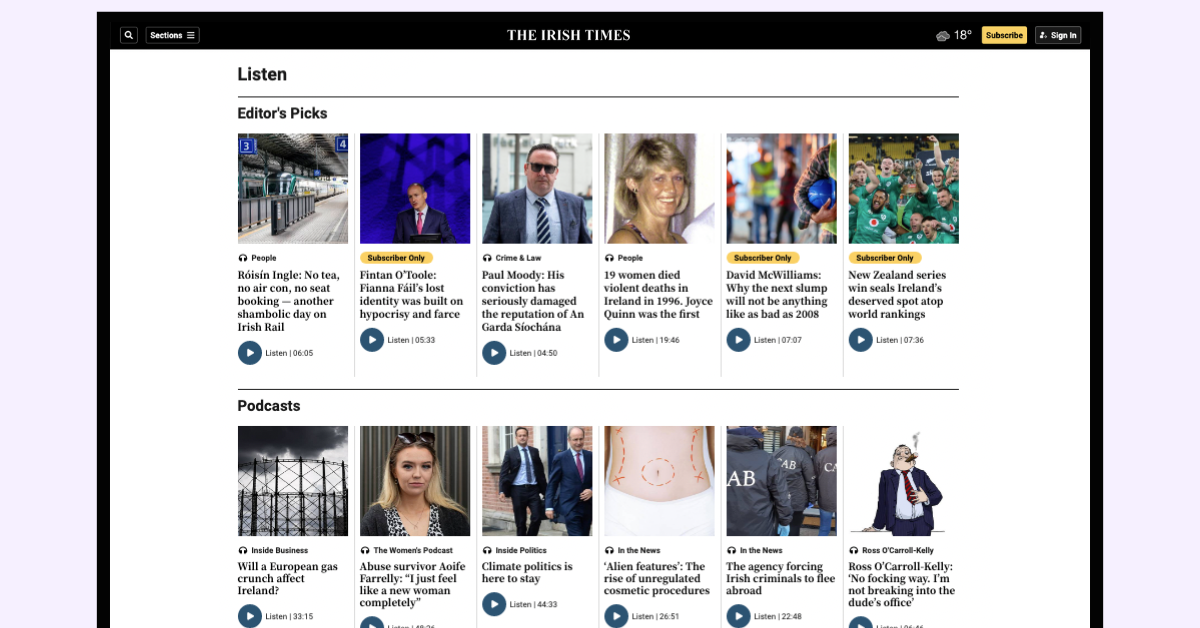 Screenshot of the 'Listen' section on The Irish Times website