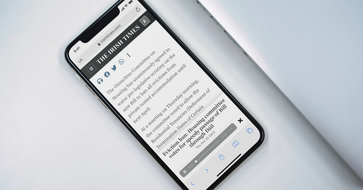 The Irish Times audio article player being used on an iPhone